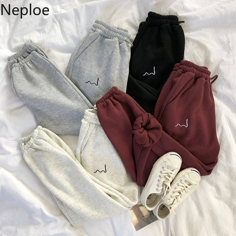 Neploe Pants Women 2020 Spring New Embroidery Elastic High Waist Ladies Trousers Loose Casual Beam Feet Pants Femme 1C285
