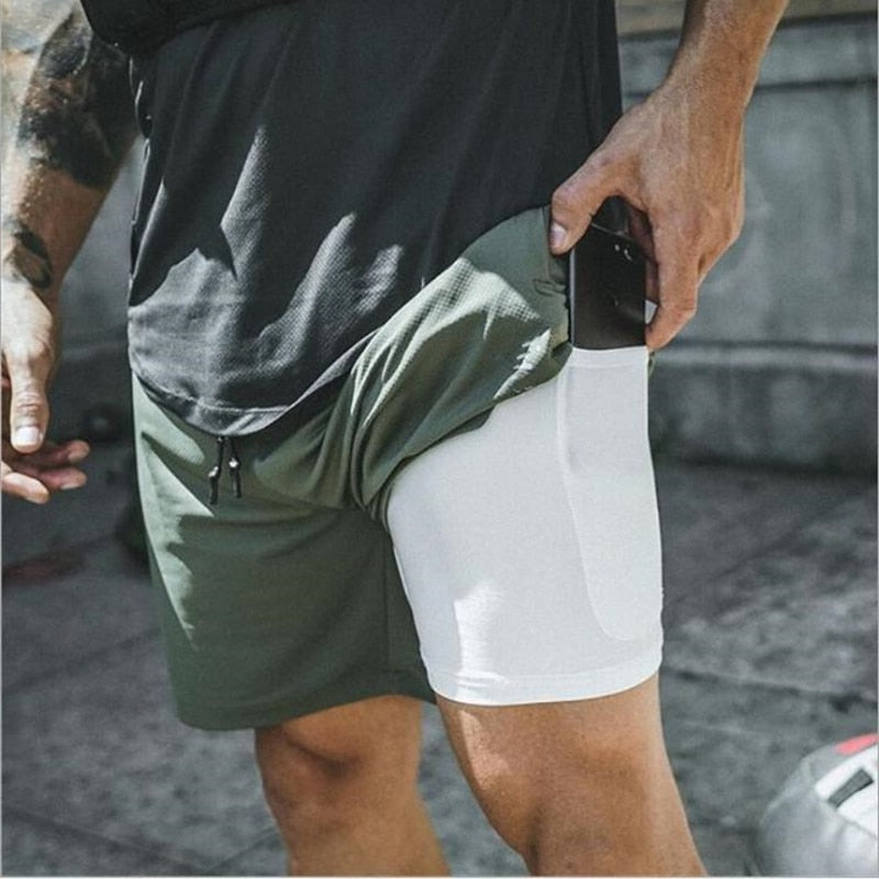 Men's 2 in 1 Running Shorts Security Pockets Leisure Shorts Quick Drying Sport Shorts Built-in Pockets Hips Hiden Zipper Pockets
