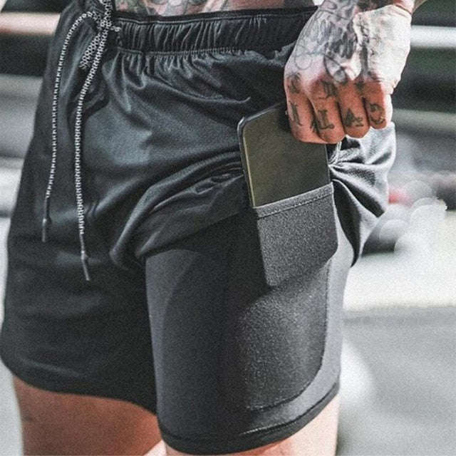 Men's 2 in 1 Running Shorts Security Pockets Leisure Shorts Quick Drying Sport Shorts Built-in Pockets Hips Hiden Zipper Pockets