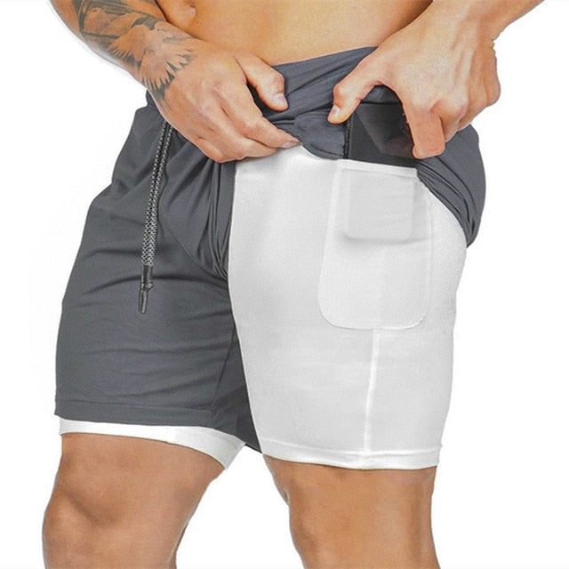 Men's 2 in 1 Running Shorts Security Pockets Leisure Shorts Quick Drying Sport Shorts Built-in Pockets Hips Hiden Zipper Pockets