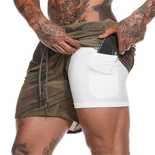 Men's 2 in 1 Running Shorts Security Pockets Leisure Shorts Quick Drying Sport Shorts Built-in Pockets Hips Hiden Zipper Pockets