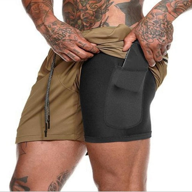 Men's 2 in 1 Running Shorts Security Pockets Leisure Shorts Quick Drying Sport Shorts Built-in Pockets Hips Hiden Zipper Pockets