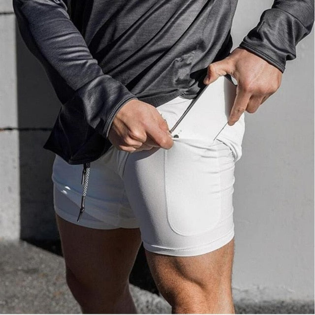 Men's 2 in 1 Running Shorts Security Pockets Leisure Shorts Quick Drying Sport Shorts Built-in Pockets Hips Hiden Zipper Pockets