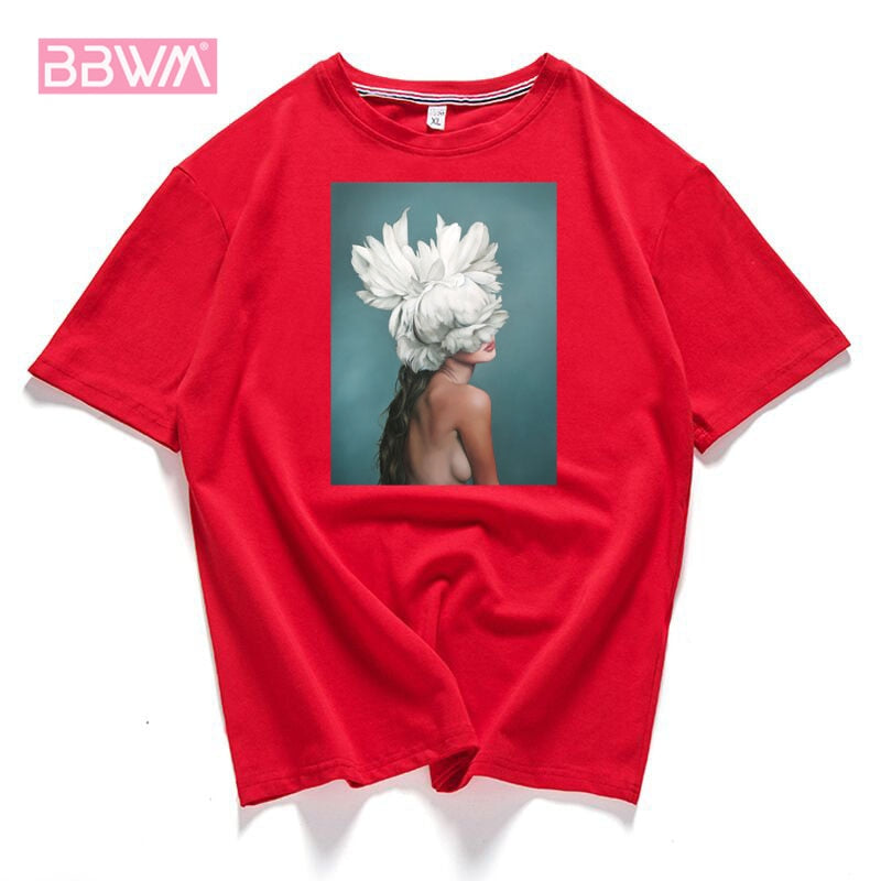95% Cotton Bloom Flower Feather Women T -shirt Summer Short Sleeve Round Neck Harajuku Printing Tee Casual Fashion Female Tops