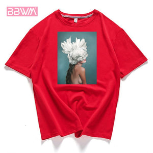 95% Cotton Bloom Flower Feather Women T -shirt Summer Short Sleeve Round Neck Harajuku Printing Tee Casual Fashion Female Tops