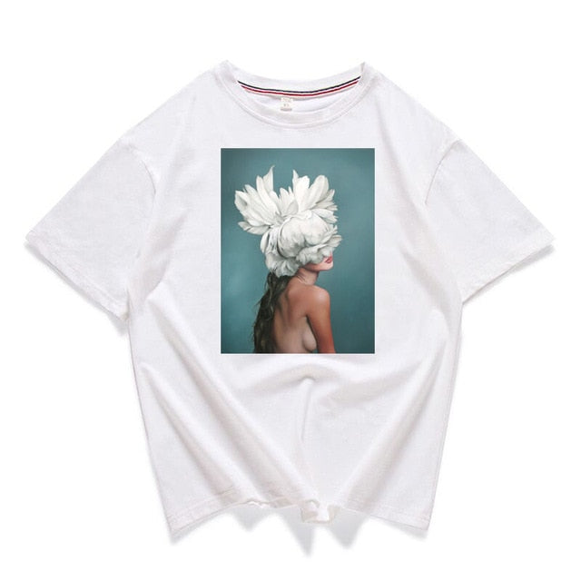95% Cotton Bloom Flower Feather Women T -shirt Summer Short Sleeve Round Neck Harajuku Printing Tee Casual Fashion Female Tops