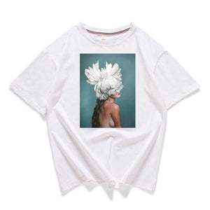 95% Cotton Bloom Flower Feather Women T -shirt Summer Short Sleeve Round Neck Harajuku Printing Tee Casual Fashion Female Tops
