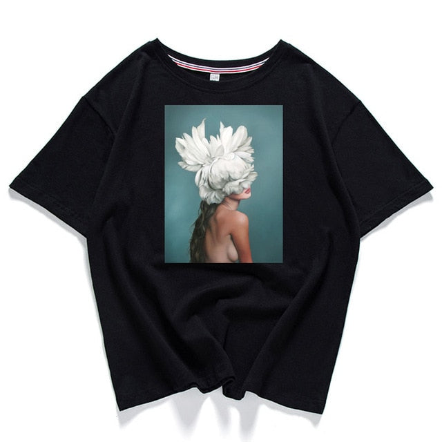 95% Cotton Bloom Flower Feather Women T -shirt Summer Short Sleeve Round Neck Harajuku Printing Tee Casual Fashion Female Tops