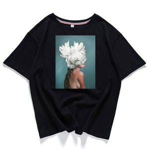 95% Cotton Bloom Flower Feather Women T -shirt Summer Short Sleeve Round Neck Harajuku Printing Tee Casual Fashion Female Tops