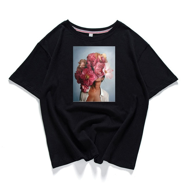95% Cotton Bloom Flower Feather Women T -shirt Summer Short Sleeve Round Neck Harajuku Printing Tee Casual Fashion Female Tops