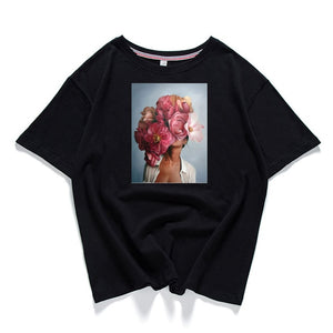 95% Cotton Bloom Flower Feather Women T -shirt Summer Short Sleeve Round Neck Harajuku Printing Tee Casual Fashion Female Tops