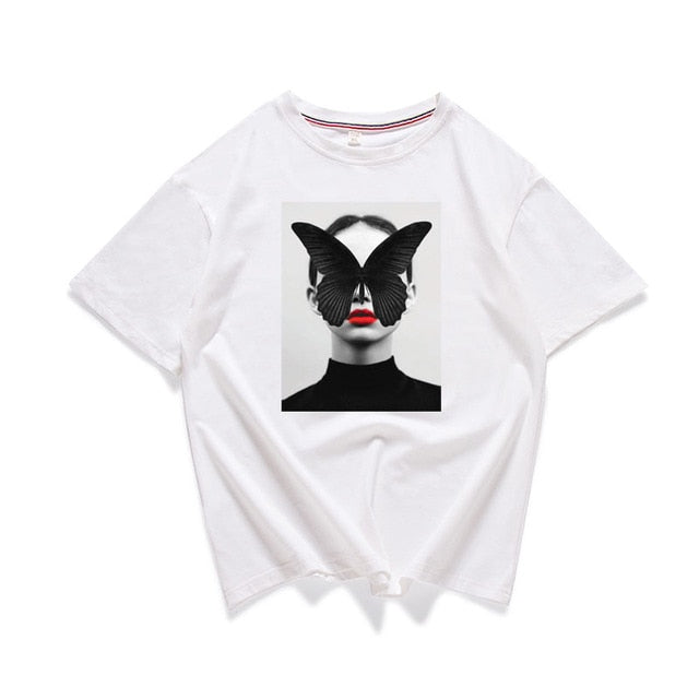 95% Cotton Bloom Flower Feather Women T -shirt Summer Short Sleeve Round Neck Harajuku Printing Tee Casual Fashion Female Tops