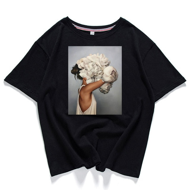 95% Cotton Bloom Flower Feather Women T -shirt Summer Short Sleeve Round Neck Harajuku Printing Tee Casual Fashion Female Tops