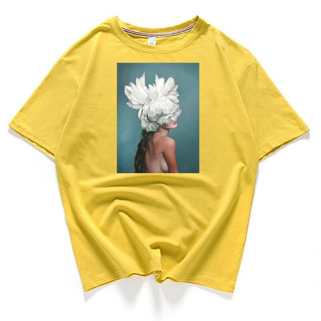 95% Cotton Bloom Flower Feather Women T -shirt Summer Short Sleeve Round Neck Harajuku Printing Tee Casual Fashion Female Tops