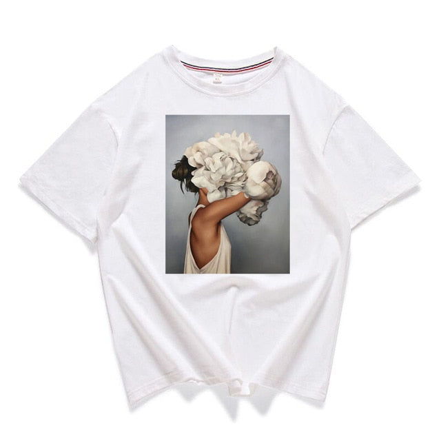 95% Cotton Bloom Flower Feather Women T -shirt Summer Short Sleeve Round Neck Harajuku Printing Tee Casual Fashion Female Tops