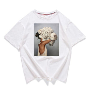 95% Cotton Bloom Flower Feather Women T -shirt Summer Short Sleeve Round Neck Harajuku Printing Tee Casual Fashion Female Tops