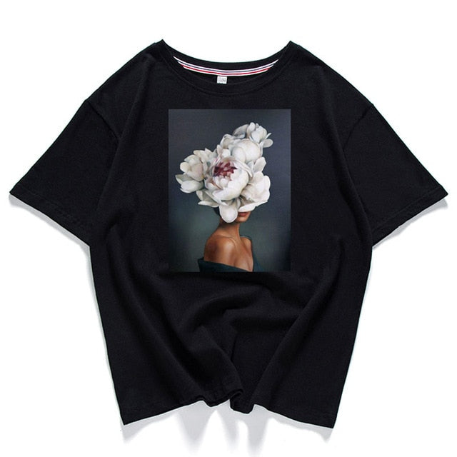 95% Cotton Bloom Flower Feather Women T -shirt Summer Short Sleeve Round Neck Harajuku Printing Tee Casual Fashion Female Tops