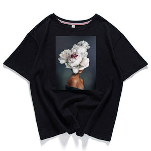 95% Cotton Bloom Flower Feather Women T -shirt Summer Short Sleeve Round Neck Harajuku Printing Tee Casual Fashion Female Tops