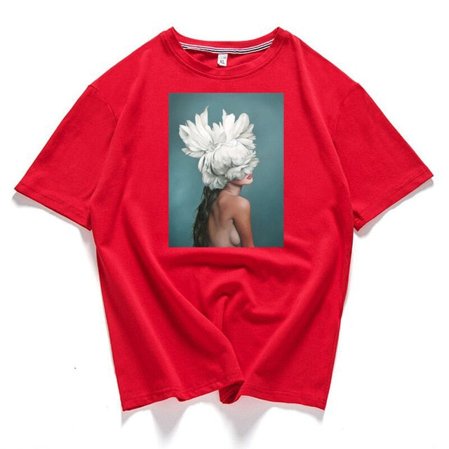 95% Cotton Bloom Flower Feather Women T -shirt Summer Short Sleeve Round Neck Harajuku Printing Tee Casual Fashion Female Tops