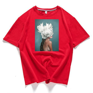 95% Cotton Bloom Flower Feather Women T -shirt Summer Short Sleeve Round Neck Harajuku Printing Tee Casual Fashion Female Tops