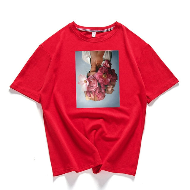 95% Cotton Bloom Flower Feather Women T -shirt Summer Short Sleeve Round Neck Harajuku Printing Tee Casual Fashion Female Tops