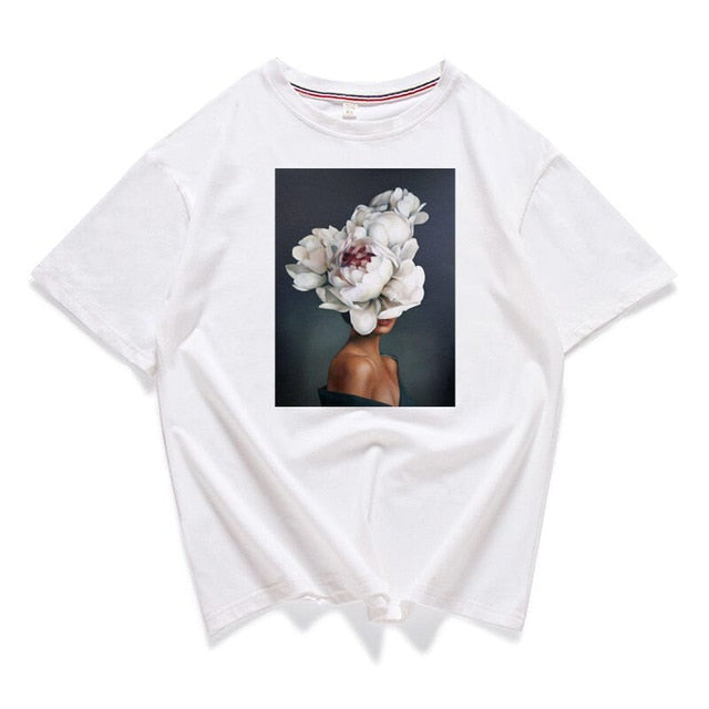 95% Cotton Bloom Flower Feather Women T -shirt Summer Short Sleeve Round Neck Harajuku Printing Tee Casual Fashion Female Tops