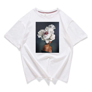 95% Cotton Bloom Flower Feather Women T -shirt Summer Short Sleeve Round Neck Harajuku Printing Tee Casual Fashion Female Tops