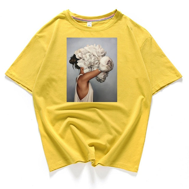 95% Cotton Bloom Flower Feather Women T -shirt Summer Short Sleeve Round Neck Harajuku Printing Tee Casual Fashion Female Tops