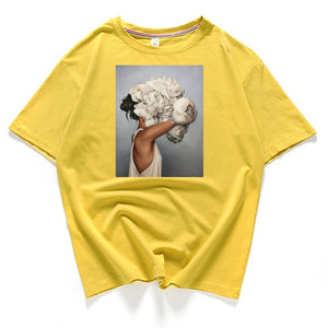 95% Cotton Bloom Flower Feather Women T -shirt Summer Short Sleeve Round Neck Harajuku Printing Tee Casual Fashion Female Tops