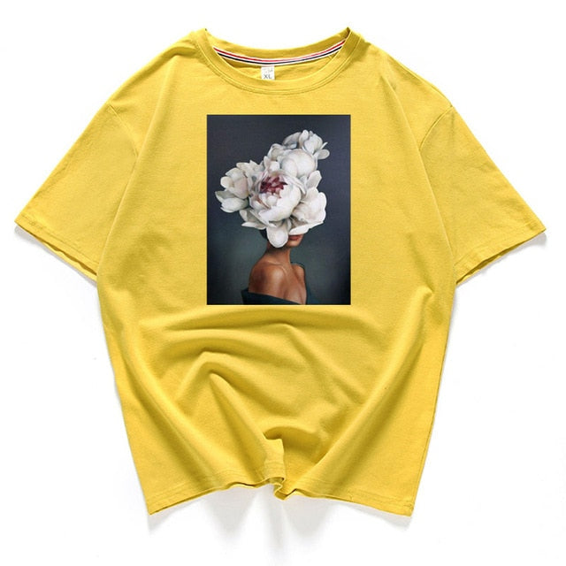 95% Cotton Bloom Flower Feather Women T -shirt Summer Short Sleeve Round Neck Harajuku Printing Tee Casual Fashion Female Tops