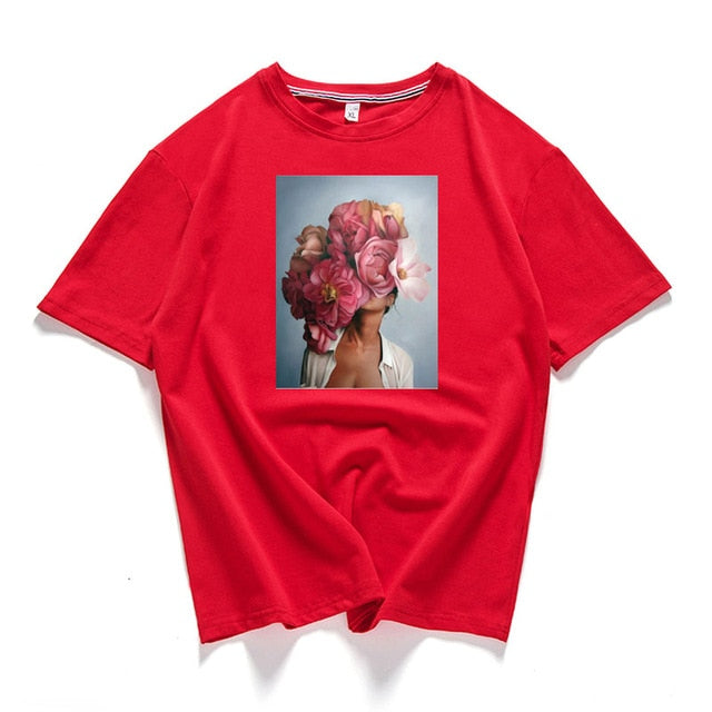 95% Cotton Bloom Flower Feather Women T -shirt Summer Short Sleeve Round Neck Harajuku Printing Tee Casual Fashion Female Tops