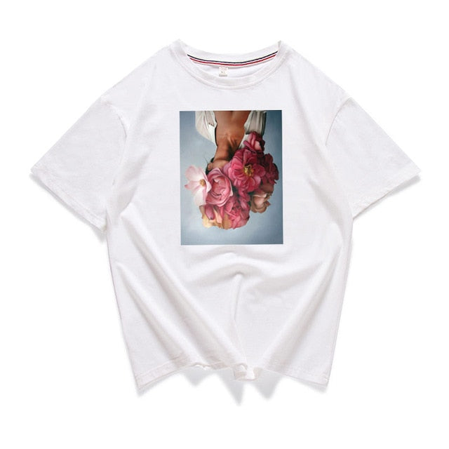 95% Cotton Bloom Flower Feather Women T -shirt Summer Short Sleeve Round Neck Harajuku Printing Tee Casual Fashion Female Tops