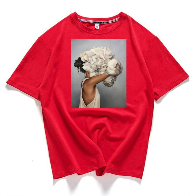 95% Cotton Bloom Flower Feather Women T -shirt Summer Short Sleeve Round Neck Harajuku Printing Tee Casual Fashion Female Tops