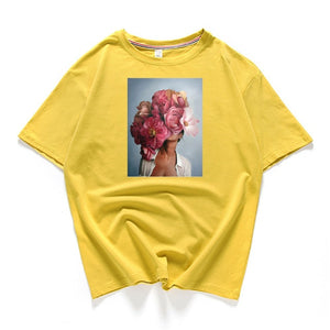 95% Cotton Bloom Flower Feather Women T -shirt Summer Short Sleeve Round Neck Harajuku Printing Tee Casual Fashion Female Tops