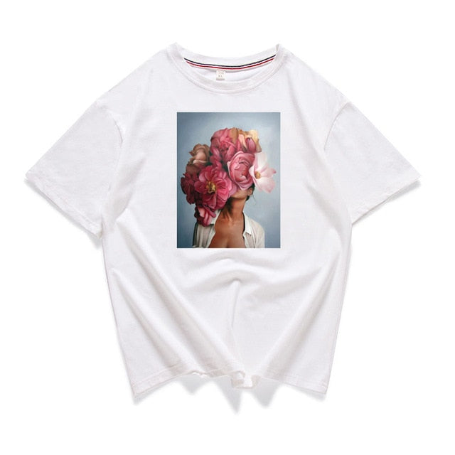 95% Cotton Bloom Flower Feather Women T -shirt Summer Short Sleeve Round Neck Harajuku Printing Tee Casual Fashion Female Tops