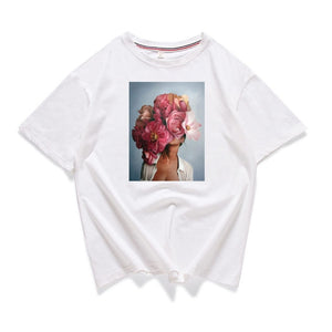 95% Cotton Bloom Flower Feather Women T -shirt Summer Short Sleeve Round Neck Harajuku Printing Tee Casual Fashion Female Tops