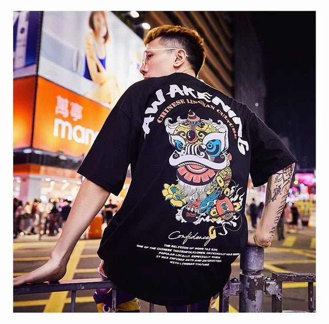 Special Japanese Tide brand short-sleeved men and women summer street hip hop T-shirt Chinese style lovers with half sleeves