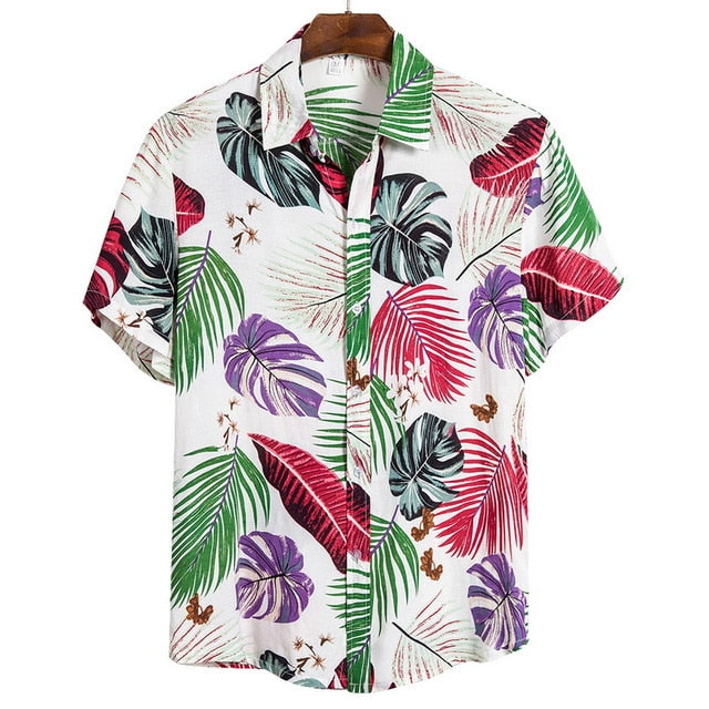 Summer Man Shirt Mens Ethnic Printed Stand Collar Cotton Linen Stripe Short Sleeve Loose Hawaiian Henley Shirt hawaiian shirt
