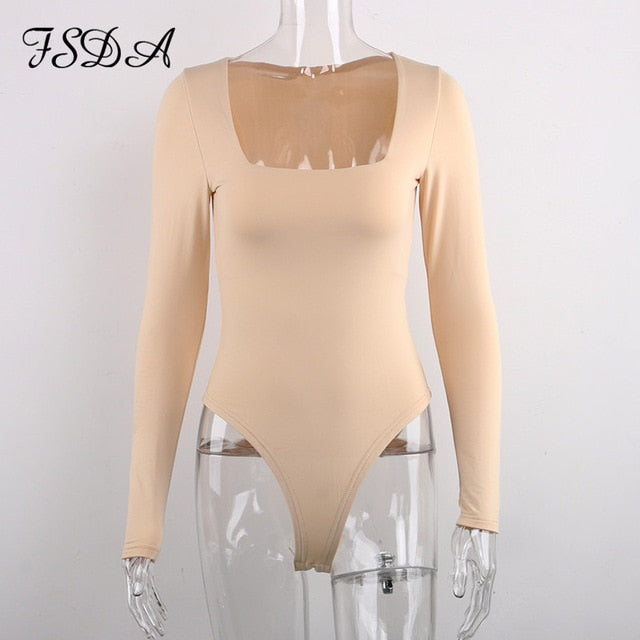 FSDA Long Sleeve Knitted Skinny Bodysuit Women Winter Autumn Winter Solid Square Collar White Black Casual Body Top Jumpsuit