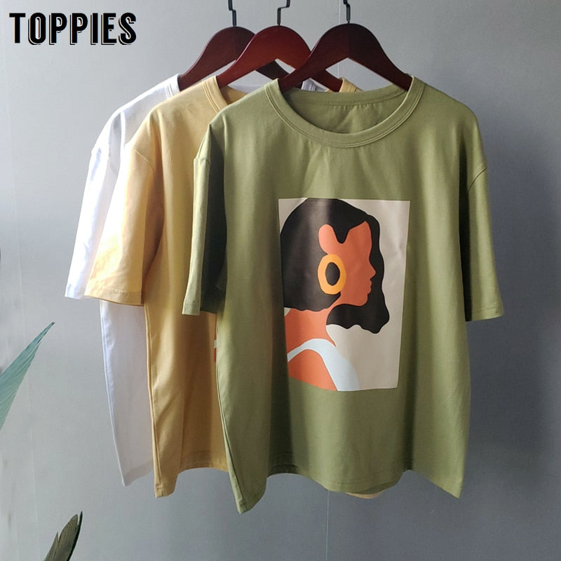 Toppies 2020 summer character t-shirts fashion girls tops short sleeve printing t-shirts korean women clothes 95% cotton