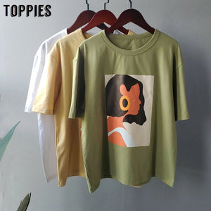 Toppies 2020 summer character t-shirts fashion girls tops short sleeve printing t-shirts korean women clothes 95% cotton