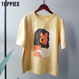 Toppies 2020 summer character t-shirts fashion girls tops short sleeve printing t-shirts korean women clothes 95% cotton
