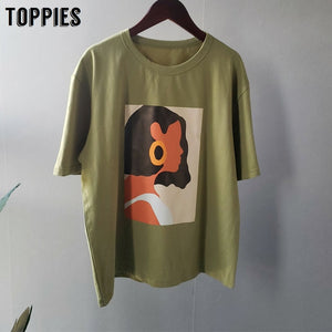 Toppies 2020 summer character t-shirts fashion girls tops short sleeve printing t-shirts korean women clothes 95% cotton