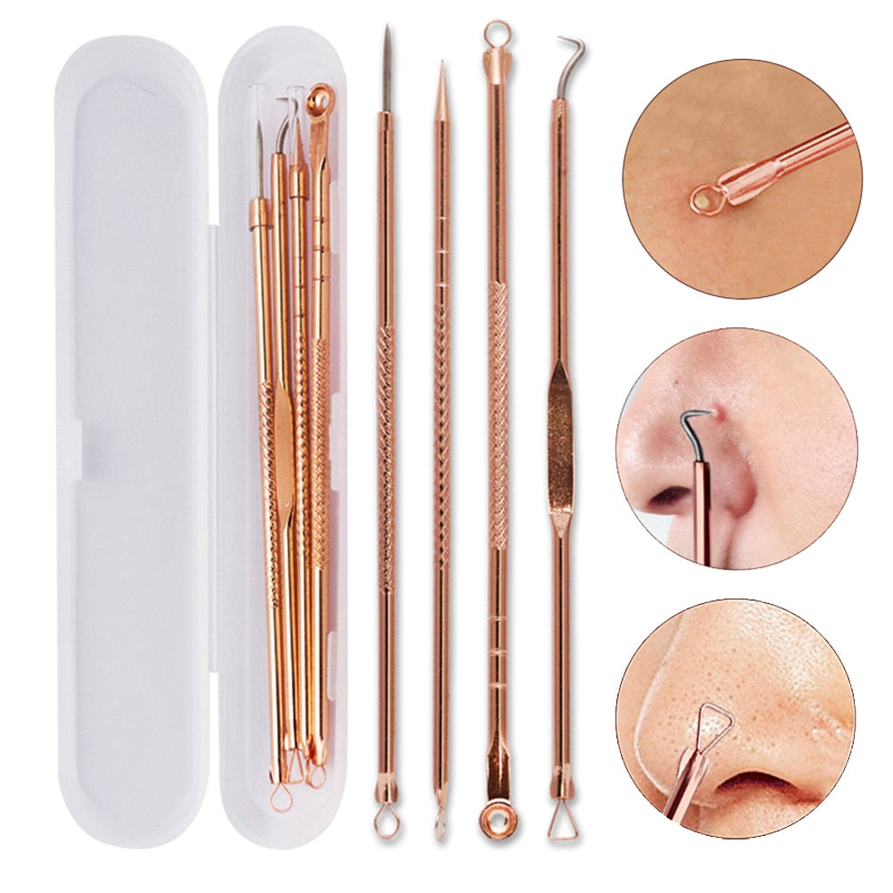 4Pcs/Set Rose Gold Acne Extractor Remover Tool Kit Blackhead Blemish Removers Pimple Needles Treatment Face Skin Care Tools