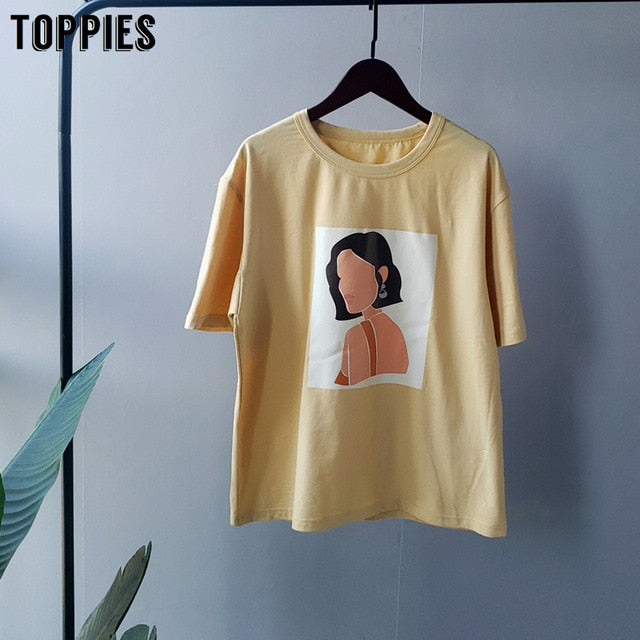 Toppies 2020 summer character t-shirts fashion girls tops short sleeve printing t-shirts korean women clothes 95% cotton