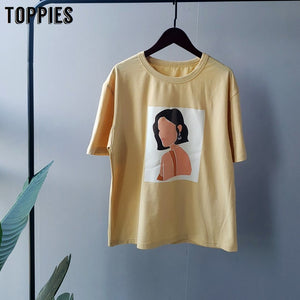 Toppies 2020 summer character t-shirts fashion girls tops short sleeve printing t-shirts korean women clothes 95% cotton
