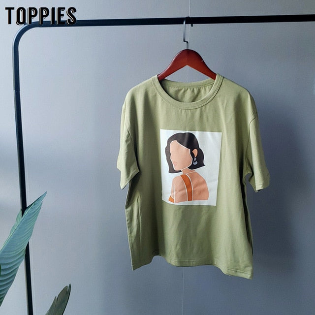 Toppies 2020 summer character t-shirts fashion girls tops short sleeve printing t-shirts korean women clothes 95% cotton
