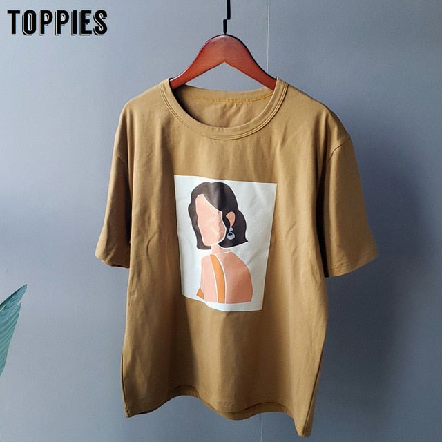 Toppies 2020 summer character t-shirts fashion girls tops short sleeve printing t-shirts korean women clothes 95% cotton