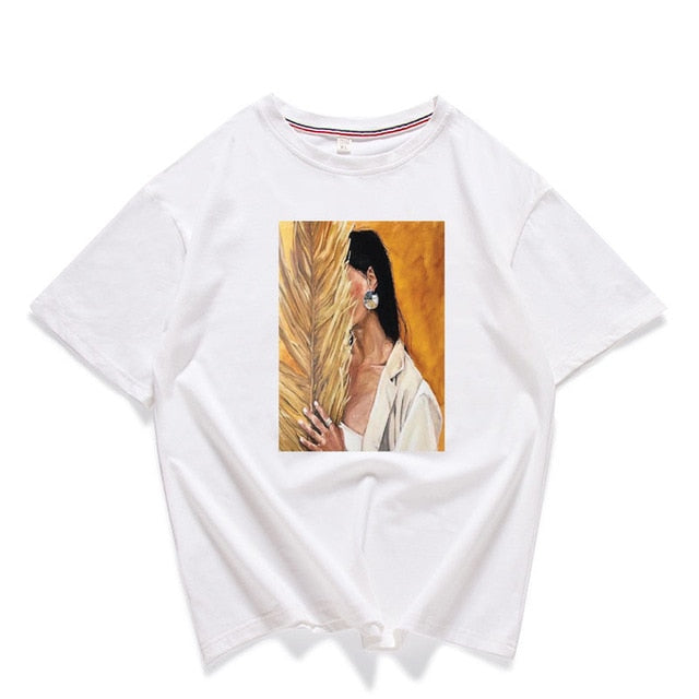 95% Cotton Bloom Flower Feather Women T -shirt Summer Short Sleeve Round Neck Harajuku Printing Tee Casual Fashion Female Tops