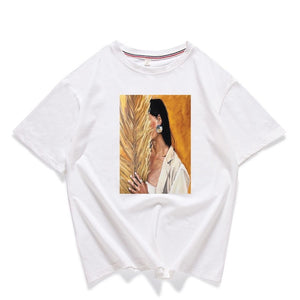 95% Cotton Bloom Flower Feather Women T -shirt Summer Short Sleeve Round Neck Harajuku Printing Tee Casual Fashion Female Tops